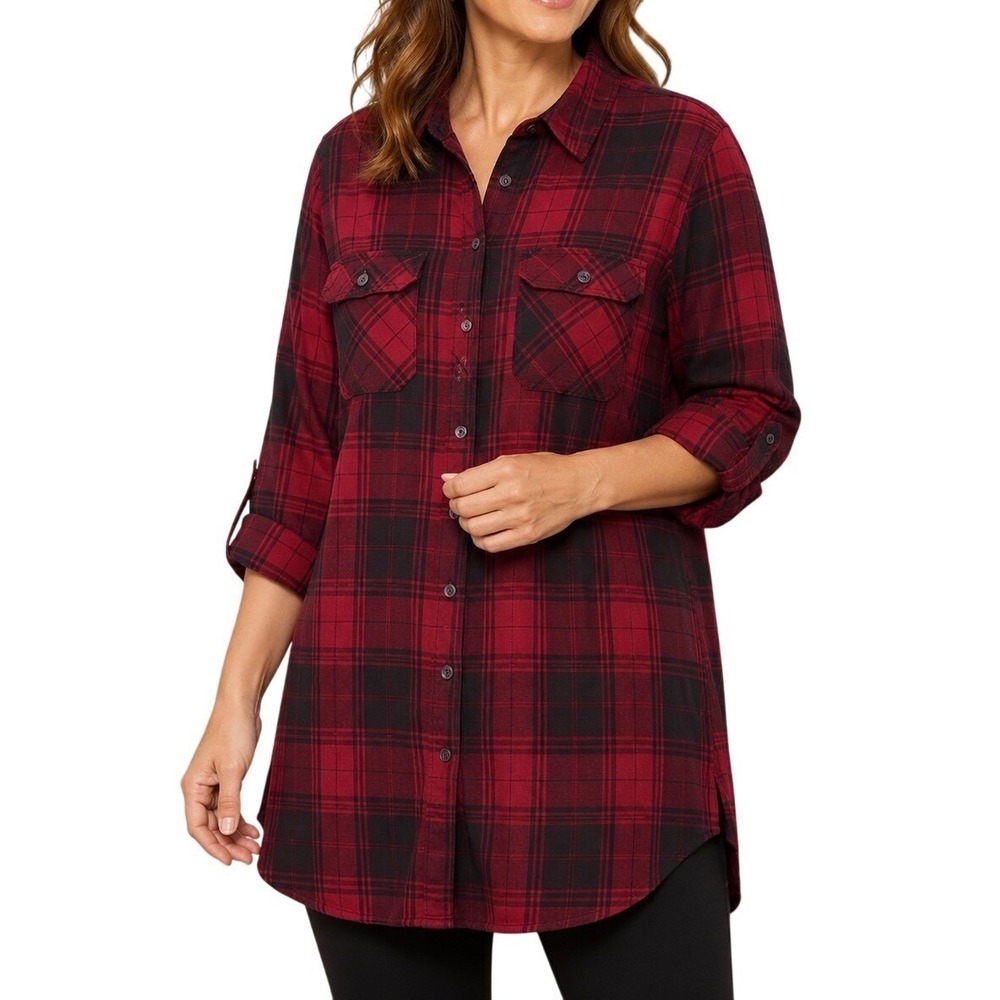 Duluth Trading Co Womens 2X Red Black Plaid Flannel Button Down Roll Tab Tunic
